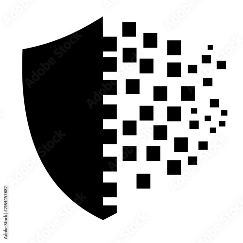 Data breach digital shield icon with pixel disintegration effect