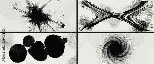 Grunge ink splatter texture set with black liquid stains whirlpool effects and abstract paint brush strokes on white.