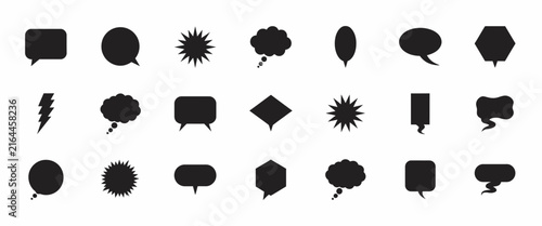 Speech bubbles vector set, black silhouette chat boxes and talk balloons, various shapes for communication messages.