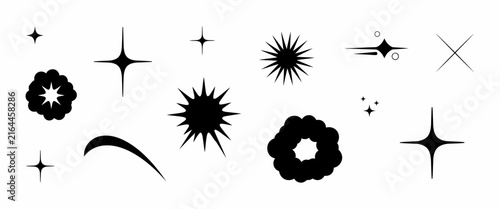 Collection of dynamic black graphic icons, stars, abstract shapes, and cosmic elements.