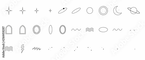 Collection of minimalist celestial and abstract graphic icons and symbols for design projects.