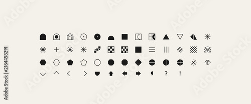 Minimalist graphic elements set featuring geometric shapes lines arrows and various symbols for professional design usage.