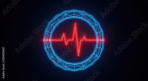 Neon red heart beat pulse inside a blue glowing wireframe circle frame illustration