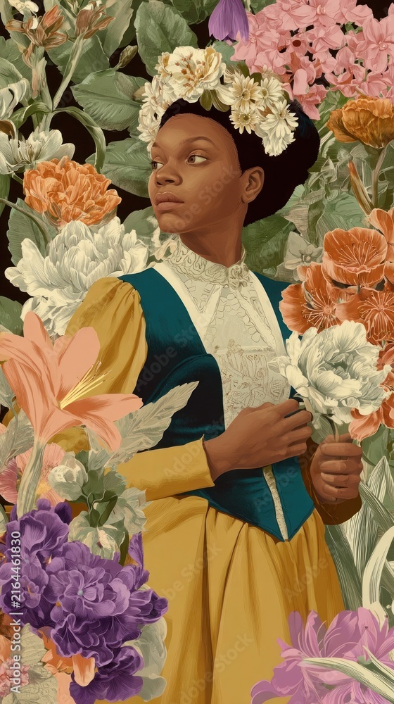Fototapeta premium Black woman colorful flowers mobile wallpaper