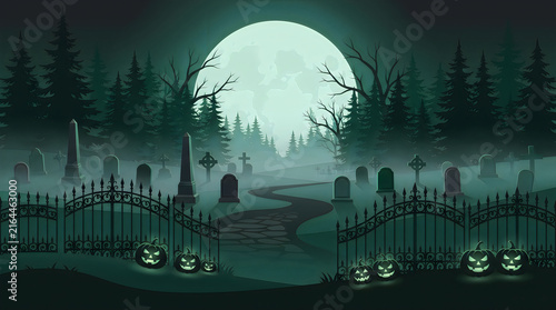 Spooky Halloween Graveyard Background with Glowing Pumpkins Iron Gate and Full Moon