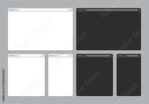 Browser Window UI Kit. Modern Web Browser Mockup Templates in Light and Dark Mode. Blank Internet Window Interface Collection. Flat Vector Illustration.