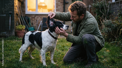 Obraz na płótnie Man checking spaniel floppy ear for ticks in back garden