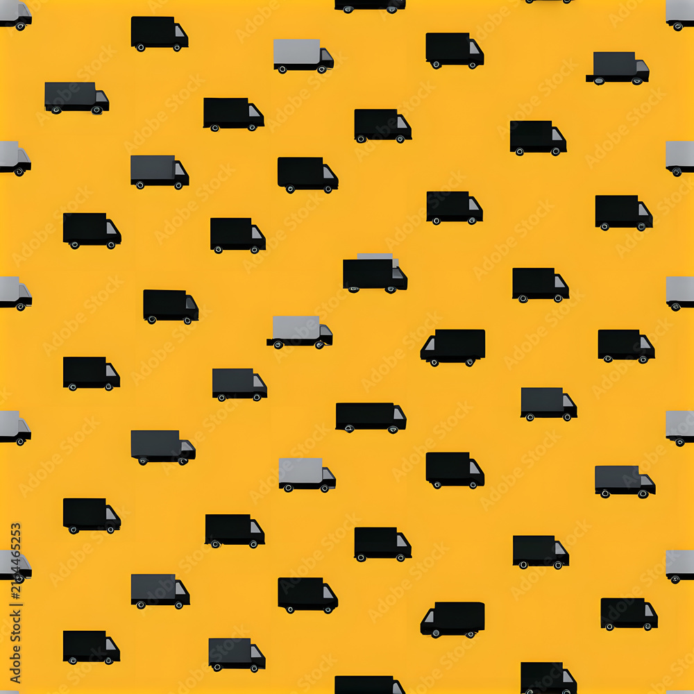 Small black and gray trucks positioned against a yellow and brown backdrop. Seamless design. Simple vector illustration without details. Textured background.