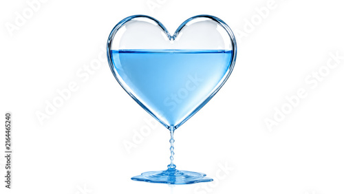 Blue Water Leaking from a Glass Heart, Love and Emotion Concept 3D Illustration