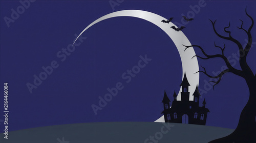 Spooky Halloween Haunted House Silhouette with Crescent Moon and Bats