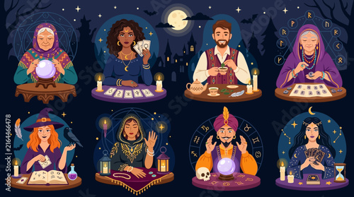 Halloween fortune teller characters with mystical props and costumes