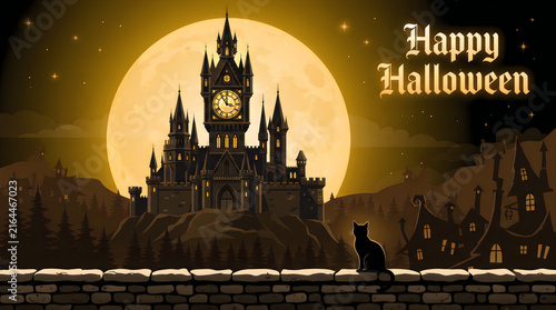 Happy Halloween Haunted Castle Clock Tower with Black Cat and Full Moon