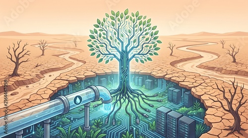 Circuit Tree Watered by Freshwater Pipe While the Landscape Dries as a Metaphor for AI Water Demand