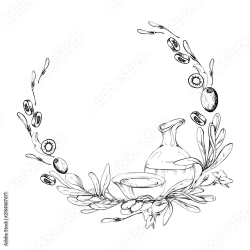 Mediterranean wreath with glass oil vessels, olive fruit, leaves, jasmine flowers. Pencil hand drawn. Specialty food branding, culinary certificates, artisan product packaging, cooking class materials