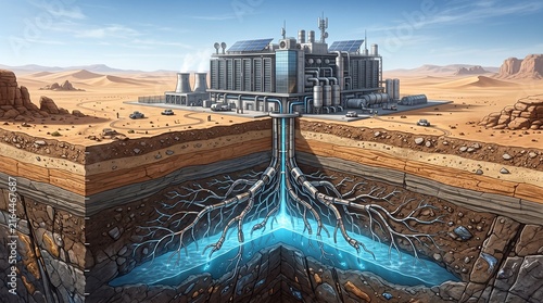 Robotic Roots Pulling Groundwater Beneath a Desert as a Metaphor for AI Cooling Extraction
