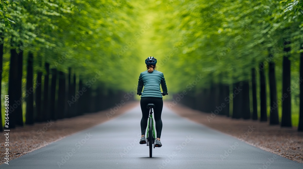 Obraz premium A person cycling on a tree-lined path, blurred motion, natural sunlight dappling through leaves, candid exercise, dynamic composition