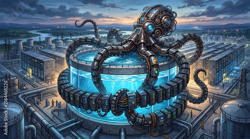 Mechanical Octopus Wrapped Around a Water Tank as a Metaphor for AI Gripping Freshwater Resources