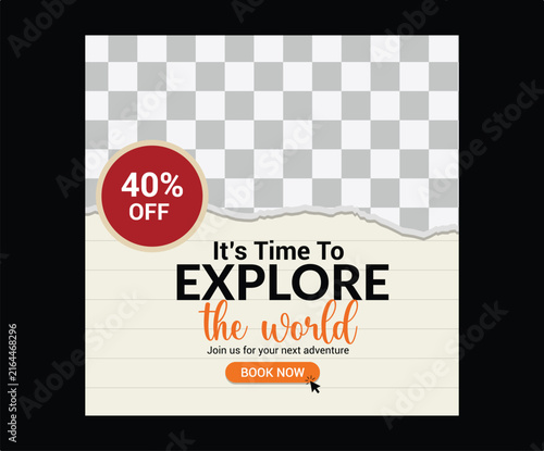 Travel social media post template with torn paper photo frame and discount badge