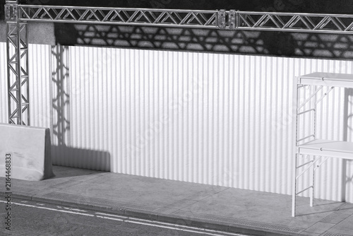 Corrugated metal wall with scaffolding for mockup template