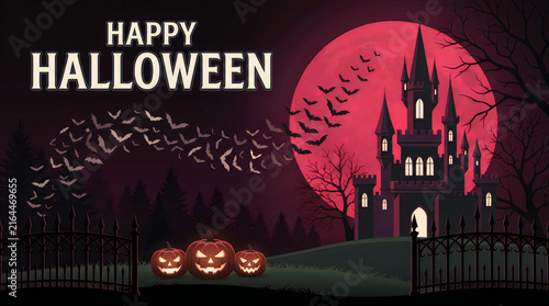 Happy Halloween Haunted Castle Background with Red Moon and Bats