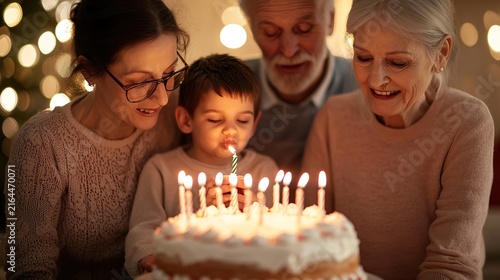 A multi-generational family celebrating a birthday indoors, blowing out candles on a cake, warm festive lighting, joyful expressions