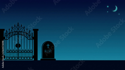 Spooky Cemetery Gate and Tombstone Silhouette at Night with Moon