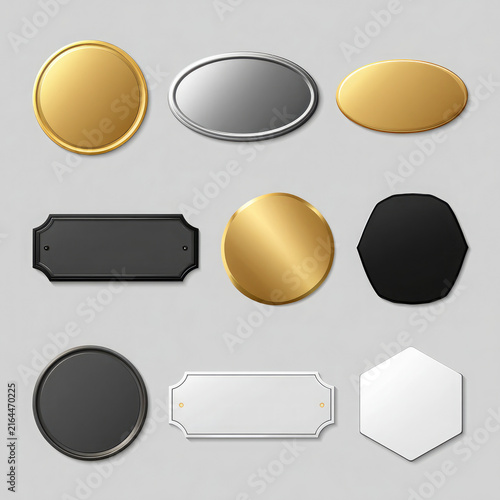 Collection of minimalist blank label shapes in gold, silver, black and white, featuring rounded rectangles, oval badges and geometric designs isolated on a clean light gray background