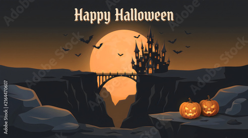 Happy Halloween Spooky Castle Landscape with Bridge Moon and Pumpkins