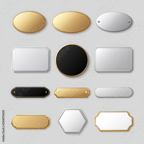 Collection of minimalist blank label shapes in gold, silver, black and white, featuring rounded rectangles, oval badges and geometric designs isolated on a clean light gray background