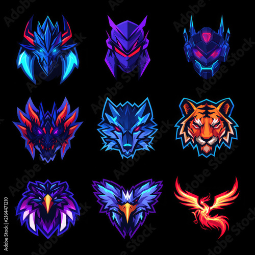 Set of 9 Fierce Fantasy Animal and Dragon Mascot Logos, Colorful Neon Wolf, Tiger, Phoenix and Mythical Beast Heads, Esports Gaming Emblems and Vector Style Illustrations on Black Background

