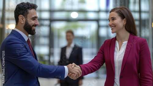 A diverse group of business professionals shaking hands in a modern glass office building lobby, natural bright light