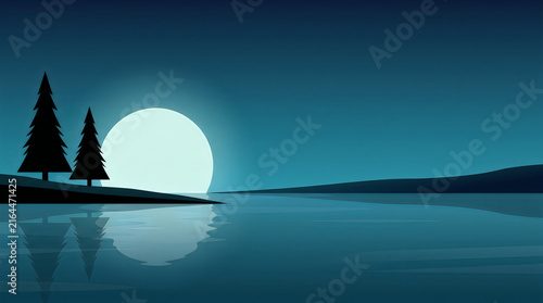 Full Moon Night Landscape with Pine Trees Lake and Water Reflection
