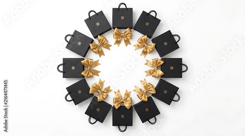 Black shopping bags arranged in a circle with gold bows on a white background