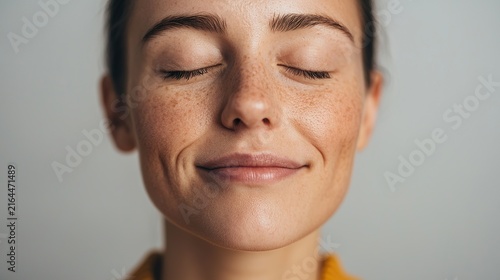 A person with eyes closed, a subtle, peaceful smile, reflecting a moment of inner calm and mindfulness, soft natural window light