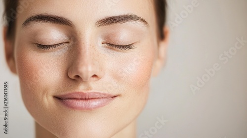 A person with eyes closed, a subtle, peaceful smile, reflecting a moment of inner calm and mindfulness, soft natural window light