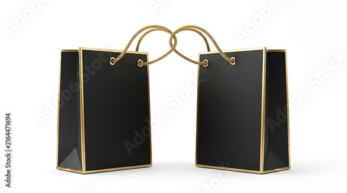 Pair of black and gold luxury shopping bags isolated on white background for retail sales.