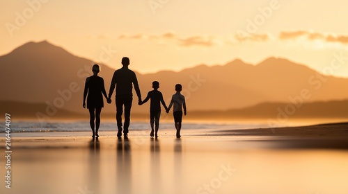 A family walking hand-in-hand into the sunset on a beach, silhouetted figures, warm golden light, conveying unity, hope, and a shared