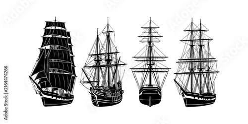Foto Black silhouette collection of four antique sailing ships on a white background,