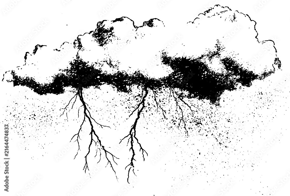 Obraz premium Grunge black and white stencil storm cloud with hanging lightning roots and speckled texture for poster background and packaging design