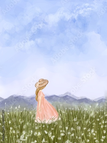 Watercolor illustration of a girl in pink dress and straw hat standing in a flower field with mountains, blue sky