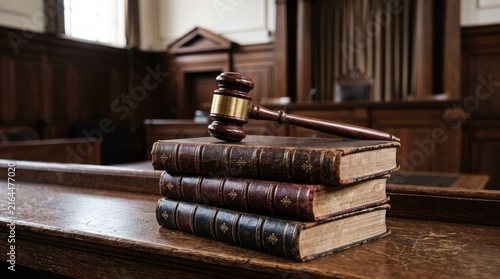 Принти на полотні Gavel resting on a stack of antique law books in a courtroom setting