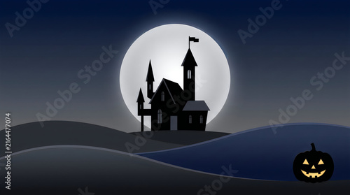 Spooky Haunted House Silhouetted Against Full Moon with Jack-o'-Lantern Background