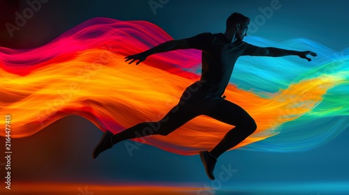 A male athlete performing a dynamic jump in a studio, surrounded by abstract, colorful light streaks, high contrast