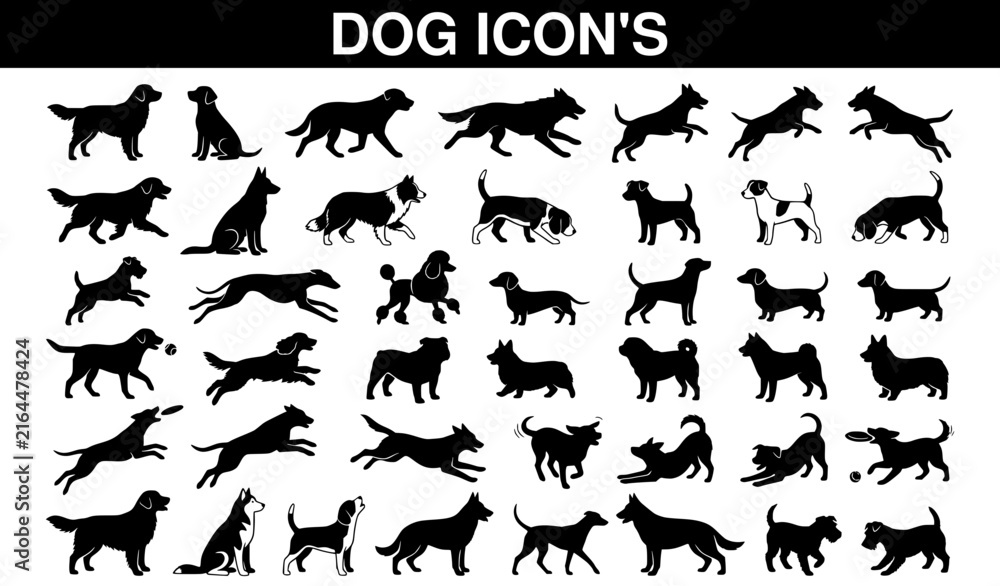 Obraz premium Black dog silhouettes collection featuring various canine breeds in sitting, standing, and lying down poses for pet animal vector icons. 