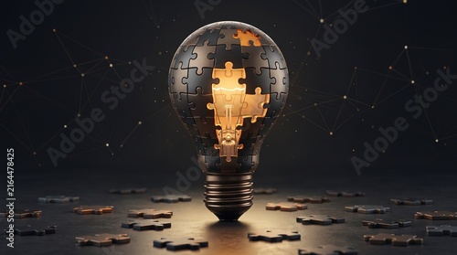 Creative problem solving light bulb built from puzzle pieces representing innovation, ideas and solution development