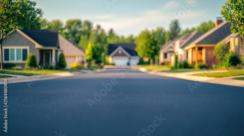 Blurred residential street background, houses, trees