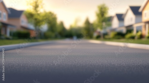 Blurred residential street background, houses, trees