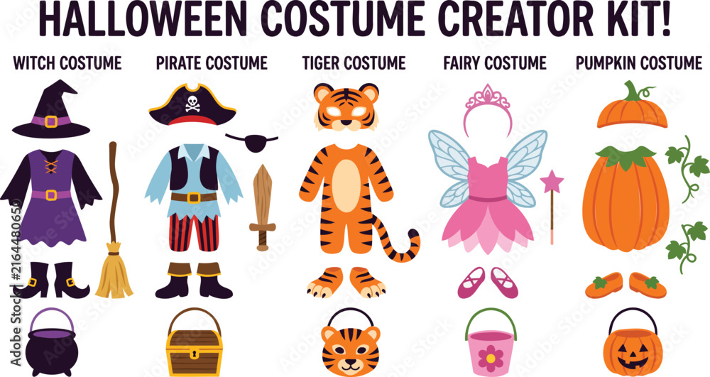 Fototapeta premium Halloween costume creator kit with witch, pirate, tiger, fairy, and pumpkin outfits and accessories
