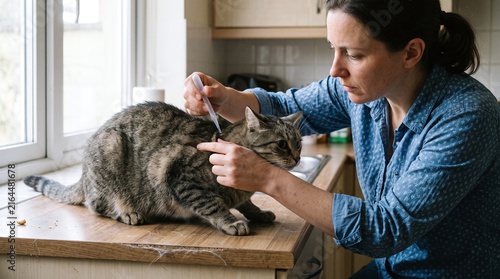 Woman applying spot-on tick treatment to cat neck at kitchen