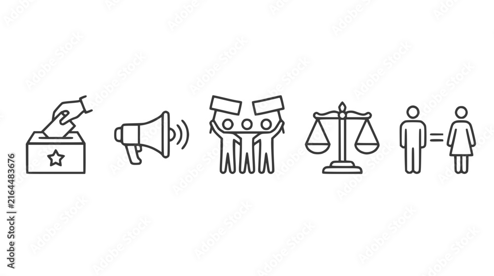 Naklejka premium Democracy and social justice linear icon set for human rights advocacy and civil activism